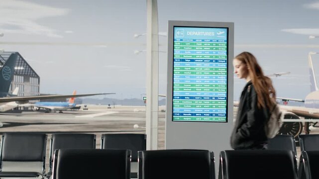 Sisters in airport terminal sitting on chairs, checking departure board timetable. Family members looking at FIDS display schedule information, catching airplane for holiday trips