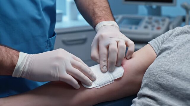 Medical professional applying sterile dressing to patient's arm wound.
