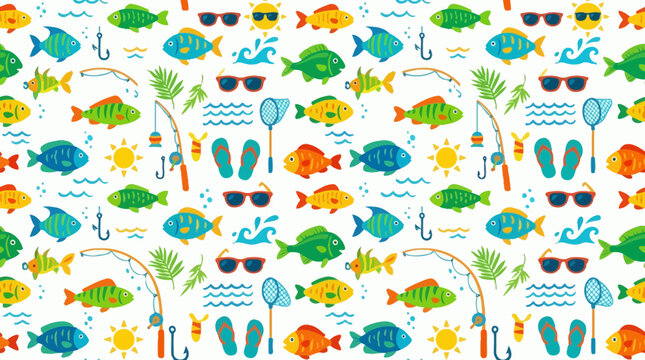 Colorful summer seamless pattern with fish, sunglasses, and flip flops