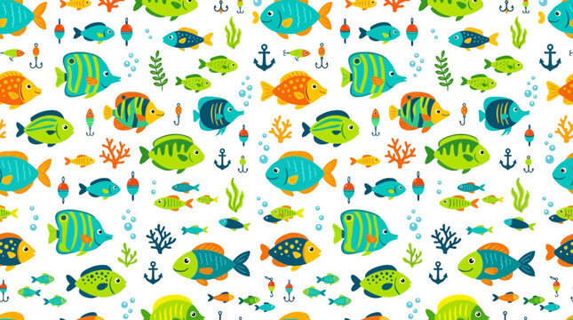 Colorful cartoon fish and sea icons on for kids