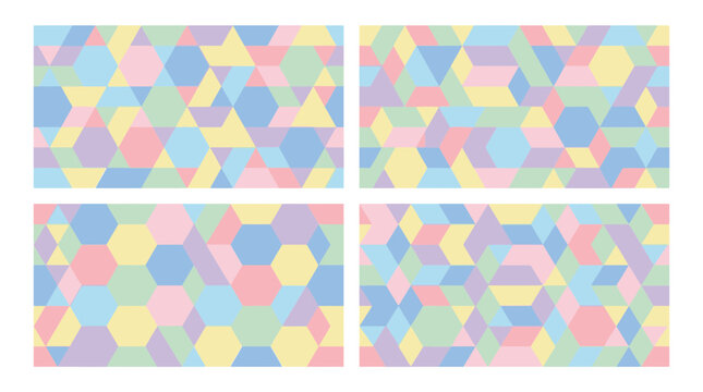 Pastel geometric patterns with colorful polygons and shapes