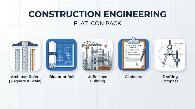 Construction Engineering Flat Icon Pack: Blueprint, Crane, Building Site, Architect Ruler, Drafting Compass, and Project Report Clipboard Vector Illustration Set