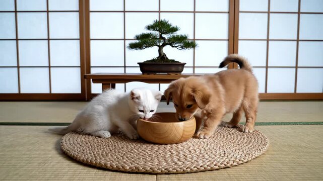 Two puppies drinking water from a wooden bowl in a traditional Japanese room with bonsai tree.