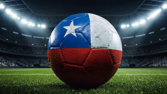 Chilean flag soccer ball, seamlessly rotating on a vibrant green grass pitch in a cinematic stadium, under dramatic night floodlights with a cheering crowd, representing national pride and sports