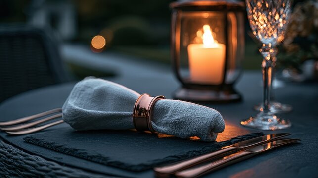 Elegant cloth napkin with copper ring on slate placemat under warm candlelight in an outdoor setting for luxury hospitality marketing