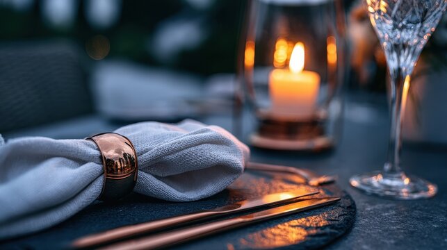 Linen napkin with copper ring on stone plate under soft candlelight with beautiful bokeh for luxury hospitality branding
