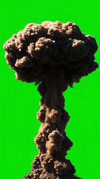 Realistic nuclear mushroom cloud rising against a solid green screen background with perfect lighting and high detail smoke texture, static camera for chroma key compositing