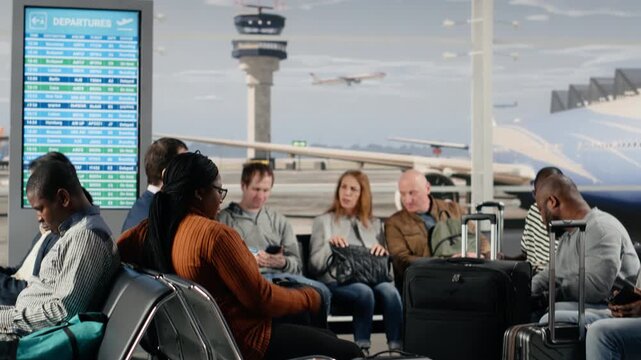 Tourists in airport hub looking at departure board timetable, going to boarding gate. Multiethnic travelers on lounge benches reading time on FIDS display, leaving for boarding call