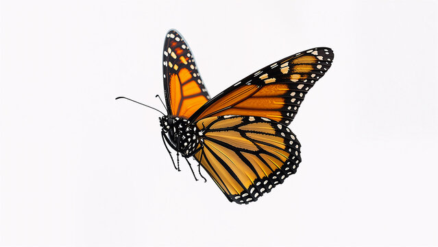 A bright orange monarch butterfly flies against an isolated white background, a high-resolution close-up shot.