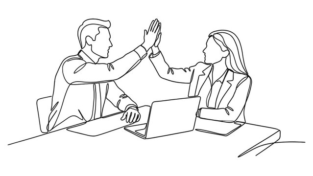 Business colleagues celebrating success with a high five in a modern office.
