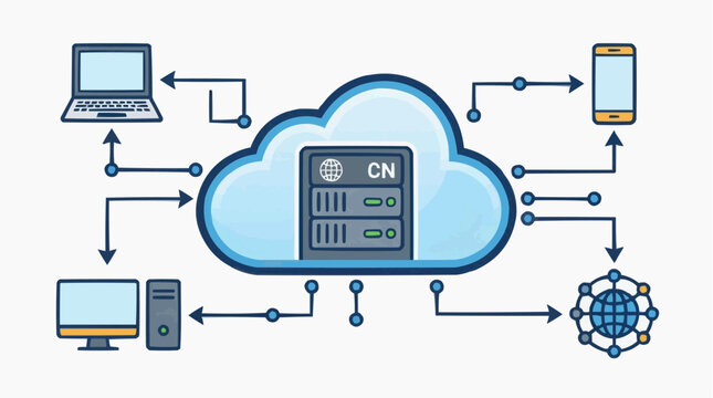 Cloud Computing Network: A visual depiction of cloud computing, with connected devices representing data flow and network infrastructure.