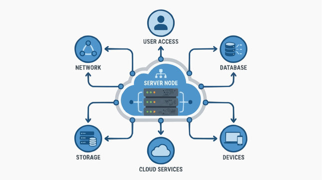 Cloud Network Diagram: A conceptual illustration of a cloud network, showcasing data flow, interconnected devices, user access, and databases.