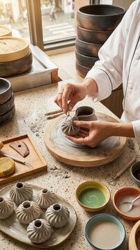 Chef making dumplings on a pottery wheel