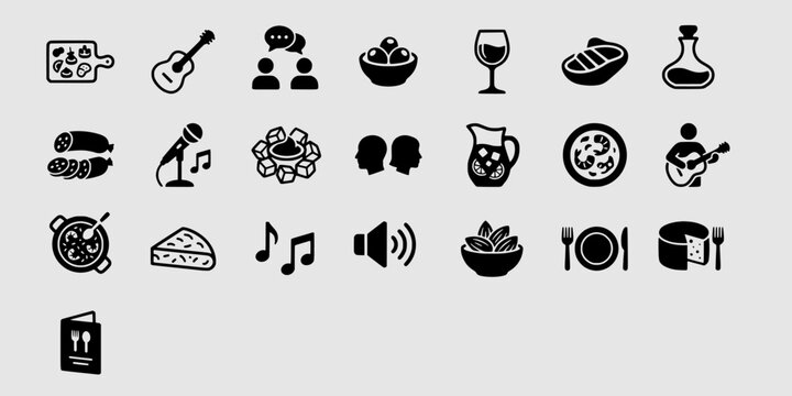 Icon set collection of Spanish tapas bar elements featuring cured ham, olives, wine, live guitar music, and shared small plates.