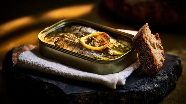 Preserved sardine fillets in oil with charred lemon slice and rustic crusty bread on stone in moody lighting for gourmet culinary marketing
