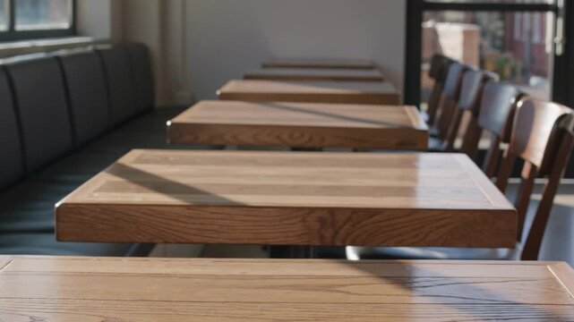 Empty cafe interior with natural sunlight through large windows, cozy coffee shop atmosphere 4K