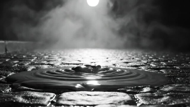 Black viscous liquid pouring and dripping onto cobblestone surface, dramatic contrast with light and smoke