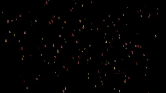 Scattered dollar signs in red and yellow hues on a black background symbolizing financial concepts, currency, and economic fluctuations with a subtle yet impactful visual representation of wealth