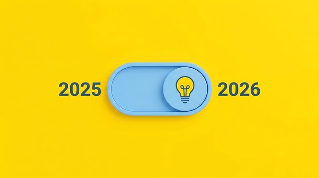 Activating new ideas minimalist lightbulb toggle switch on yellow, symbolizing future innovation and strategic planning for 2026, transitioning from 2025