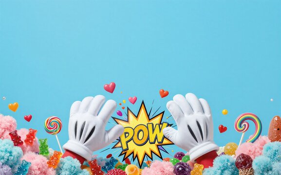 Mickey Mouse hands smash candy explosion on vibrant blue background.