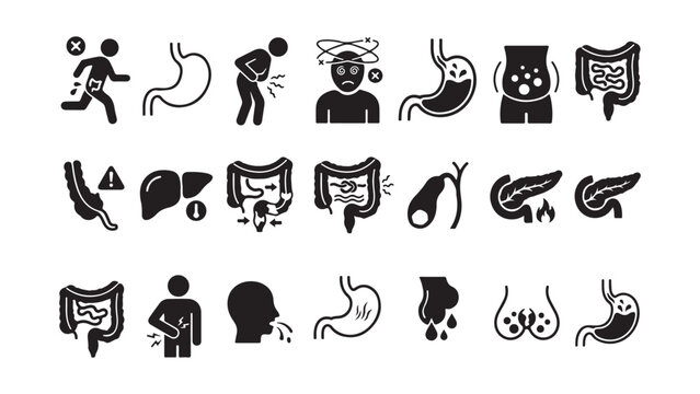 Digestive System and Abdominal Pain Icon Set