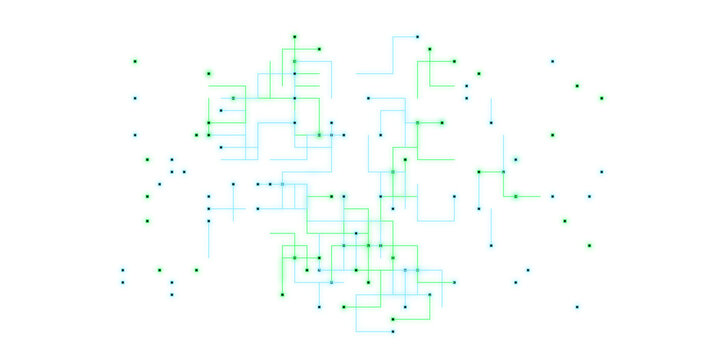 PNG image of Abstract digital network circuit board illustration, green and blue technology data lines, futuristic communication grid pattern for tech branding isolated on Transparent Background