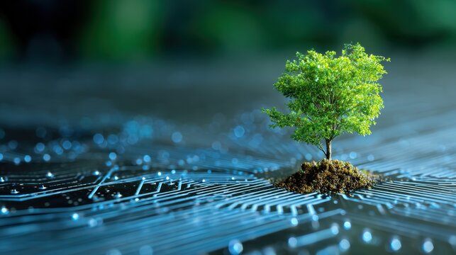 Tree with soil growing on the converging point of computer circuit board. Blue light and wireframe network background. Green Computing, Green Technology, Green IT, csr, and IT ethics Concept