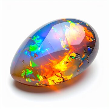 Fiery opal gemstone isolated on white background with vibrant rainbow reflections and ultra detailed luxury mineral texture.