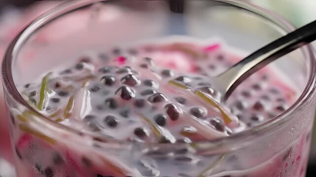Refreshing Pink Drink with Basil Seeds and Jelly.