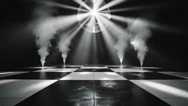 Black and white disco dance floor scene with smoke effects and mirrored ball lighting creating a retro club vibe