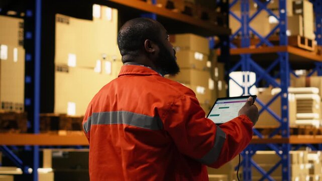 Man staff member scanning packages in modern fulfillment center. Inventory management technology improves order fulfillment accuracy and supports supply chain distribution, workflow.