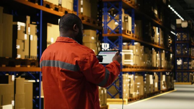 Man staff member scanning packages in modern fulfillment center. Inventory management technology improves order fulfillment accuracy and supports supply chain distribution, workflow.