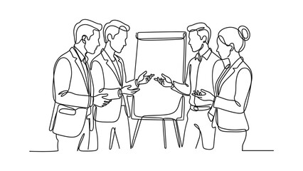 Obraz premium Continuous one line drawing of a business team discussing a presentation. Continuous line style. Hand drawn. Line art. Vector design. illustration