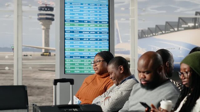 Rushing, departure board display and men with women in busy airport. Waiting for plane, reading flight timetable information on screen and tourists taking trolley to boarding gate
