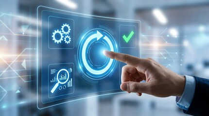 Fototapeta premium Businessman's Hand Touching Circular Refresh Icon on Digital Interface, Symbolizing Process Optimization and Workflow Automation