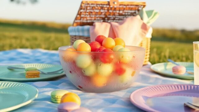 Picnic spread fruit salad bowl colorful macarons on plates and picnic basket outdoors on a blue checkered blanket