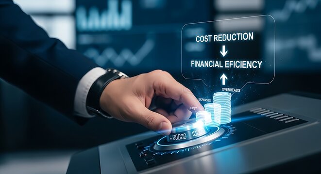 Cost optimization concept. A financial analyst's hand turns a knob that lowers a holographic stack of 'coins', representing cost reduction and financial efficiency.