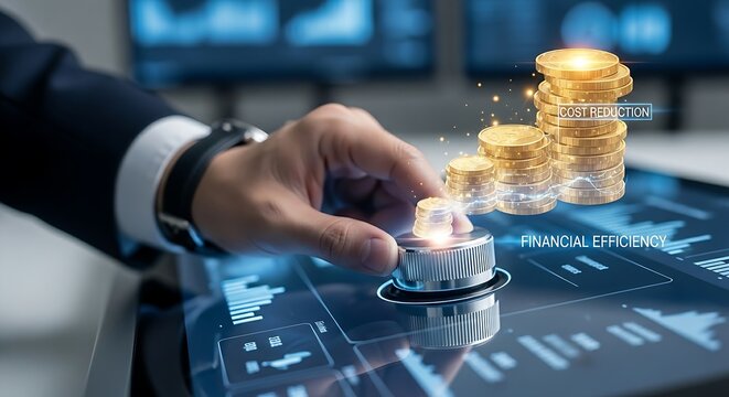 Cost optimization concept. A financial analyst's hand turns a knob that lowers a holographic stack of 'coins', representing cost reduction and financial efficiency.