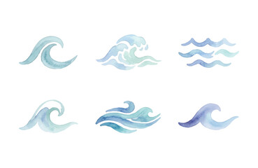 Naklejka premium Watercolor Wave Icons Set in Minimalist Style on White Background