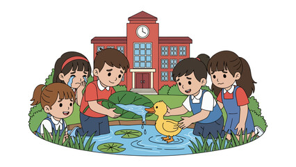 Helping Duckling in Pond: A group of children gather around a pond to assist a duckling, demonstrating empathy and cooperation, while a school stands in the background. © azizunnahar