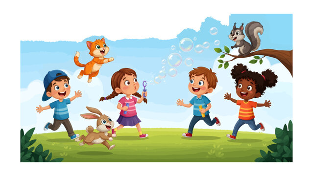 Whimsical Childhood: A group of children frolic in a playful outdoor scene with friendly animal companions, the air filled with bubbles, celebrating pure joy and innocent fun.