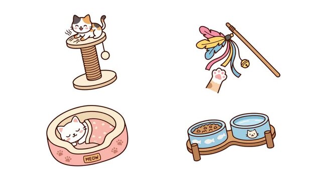 Calico cat playing with toy and sleeping inside a cozy bed animation showing daily routine for cute pet footage
