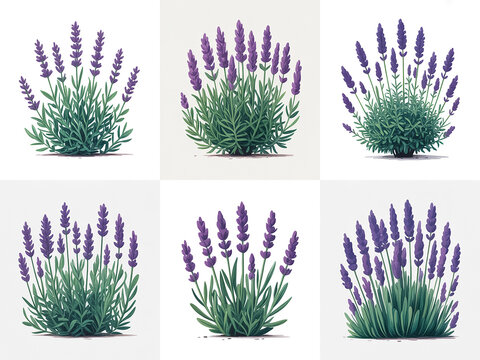 A set of six identical digital illustrations of lavender bushes arranged in a 2x3 grid against a pure white background .