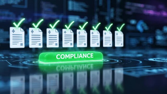 Compliance document checklist green button glowing technology interface showing approved digital records secure validation
