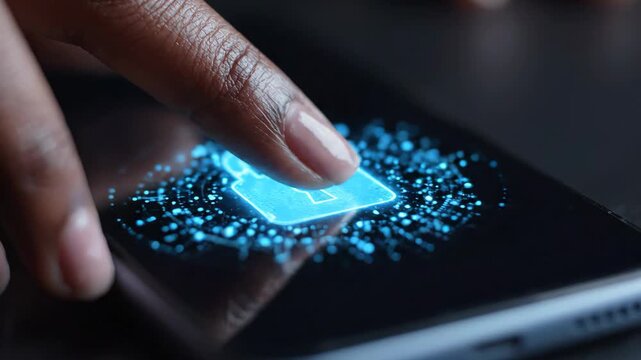 Finger touching smartphone lock hologram glowing blue secure access evoking futuristic holographic fingerprint scanner conveying