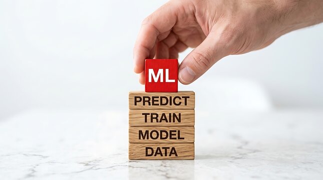 Hand places red machine learning block on wooden data stack symbolizing basic artificial intelligence structure and development