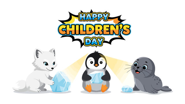 Children's Day: A vibrant illustration celebrates Children's Day with an arctic fox, a penguin, and a seal alongside sparkling ice blocks. 