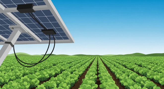 Detailed vector illustration of the underside of a photovoltaic solar panel showing electrical wiring and junction boxes installed above rows of green crops in a large agricultural field.
