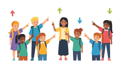 Obraz premium Empowering Youthful Direction: A diverse group of children and a teacher confidently point upwards and downwards, symbolizing guidance, learning, and making choices. 