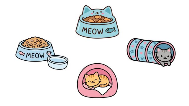 Adorable cartoon cat animation clip showing pets playing with food bowls and toys